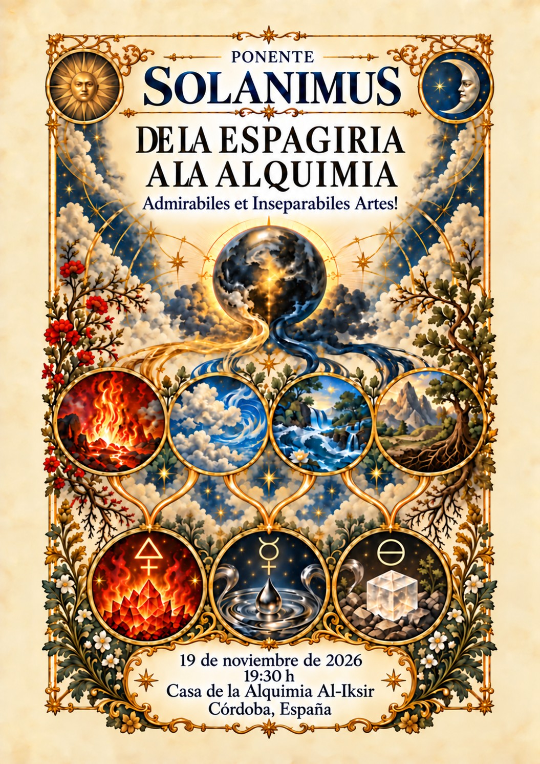 Cartel con el texto Solanimus de la espagiria a la alquimia, el 19 de noviembre de 2026 a las 19:30 h en la casa de la alquimia de Córdoba, junto a varias imágenes abastratcas representando a varios marcos circulares con imágenes de los elementos (fuego, aire, agua, etc)